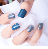 Vibeficant FlexFit Blue Press on Nails Short Square Tie-Dye Manicures Gold Foil Design